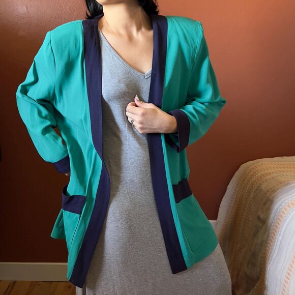 vtg 80s color blocked green open front blazer size 14 made in USA casual - Picture 5 of 12